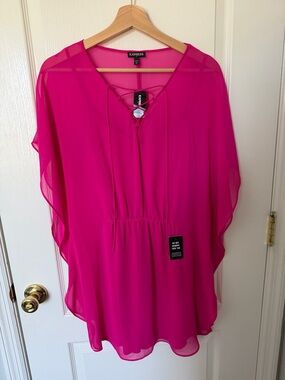 Express Women's Hot Pink Lace-Up Chiffon Tunic
